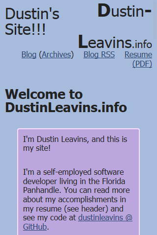 Index of new Dustin-Leavins.info as it originally appeared on mobile devices
